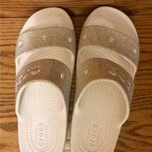 CROCS White and Silver Sparkle Slide Sandals